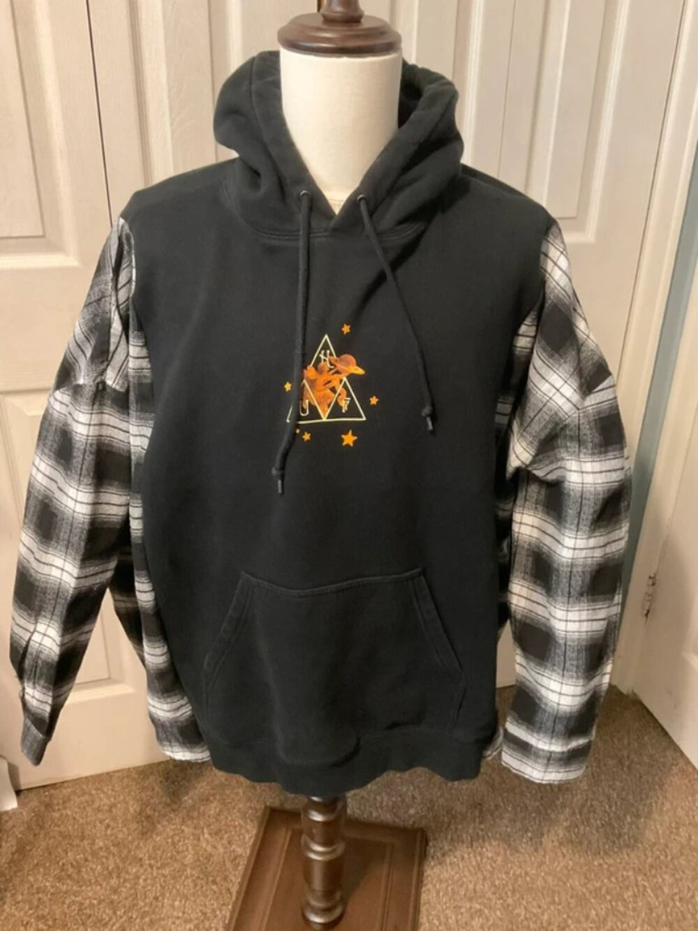 Smashing Pumpkins Upcycled Graphic Hoodie with Flannel Sleeves - OSFM